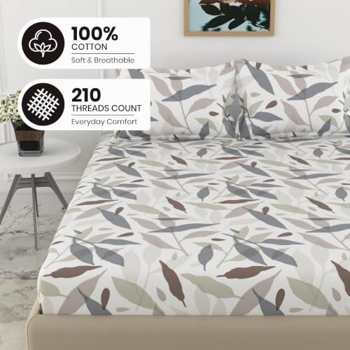 Image of LORETO - A QUALITY LINEN BRAND 210 TC 100% Pure Cotton King Size Fitted Bedsheet with 2 Pillow Covers for 78 x 72 Inch Mattress, All-Around Elastic, 8 Inch Deep Pocket, Grey Leaf Whisper