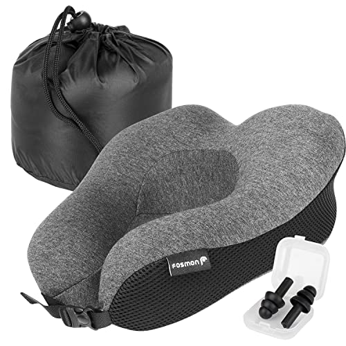 Fosmon Travel Neck Pillow with Earplugs & Storage Bag, Soft and Comfortable Memory Foam Cushion, Head & Chin Contour Support, Machine Washable 100% Cotton Cover for Traveling Flying Airplane Car Bus