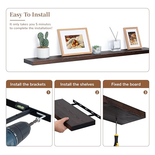 Image of Marsmiles Wood Floating Shelves | 48 Inch Dark Wood Wall Shelves Set of 1 | 48 inch W x 6.7 inch D Rustic Wooden Shelves for Bathroom Kitchen Living Room Bedroom