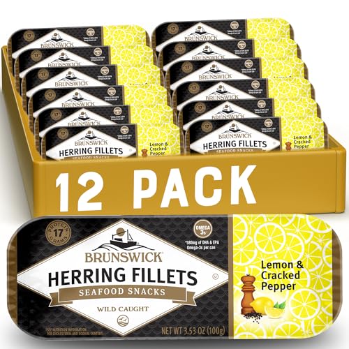 Brunswick Herring Fillets in Lemon & Cracked Pepper, 3.53 Oz (Pack of 12) - 15g Protein per Serving...
