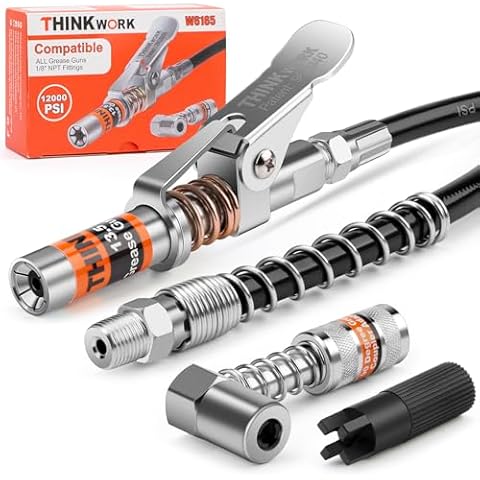 THINKWORK Grease Gun Coupler Set, Strong Lock on Greases Gun Couplers with 90° Grease Coupler Adaptor,12000 PSI Quick Release Grease Coupler Compatible with All Grease Guns 1/8" NPT Grease Gun Fitting Cover
