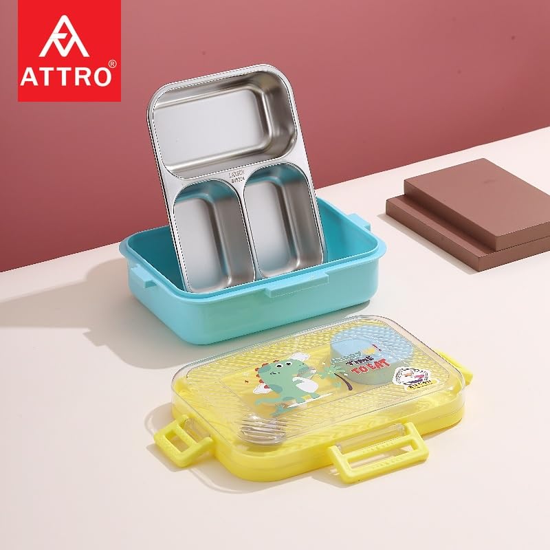 Image of ATTRO Monark Dinosaur Themed Kids Lunch Box with Inner Steel 3 Compartment 1 Small Container, Stainless Steel, 1 Spoon & Separate Internal Lid Leakproof- 750ml+70ml Yellow
