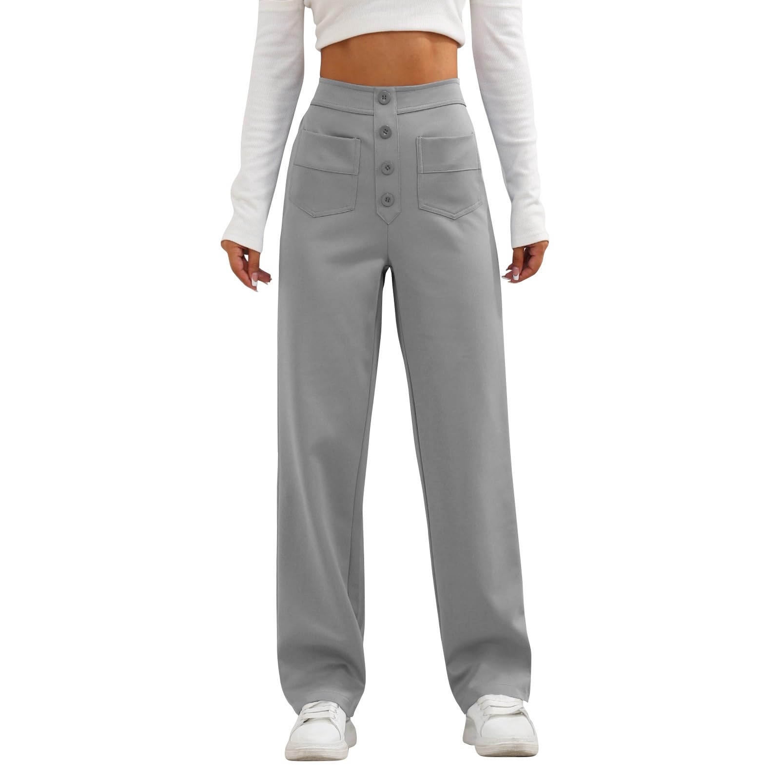midelxp Casual Straight Leg Pants for Women High Waisted Button Stretchy Business Work Pants Trousers with Multiple Pockets