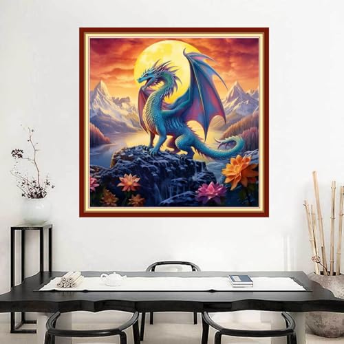 Image of Joyhoor Stamped Cross Stitch Kits for Beginners Needlepoint Kits for Adults Embroidery Kits 11CT Counted Cross Stitch Kits Printed Embroidery Pattern- Moon Dragon 18x18 inchs