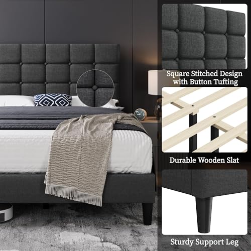 Yaheetech Full Size Upholstered Tufted Bed Frame with Headboard, Dark Gray | Sturdy engineered wood frame with linen fabric upholstery features a soft tufted headboard for easy assembly and support - Image 6