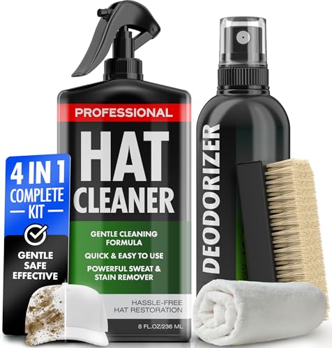 4-in-1 Professional Hat Cleaning Kit - Removes Dirt and Stains, Gentle Hat Cleaner for Baseball Caps, Fitted Cowboy, & Felt Hats, Complete Hat Cleaner with Hat Deodorizer, Brush & Microfiber Cloth