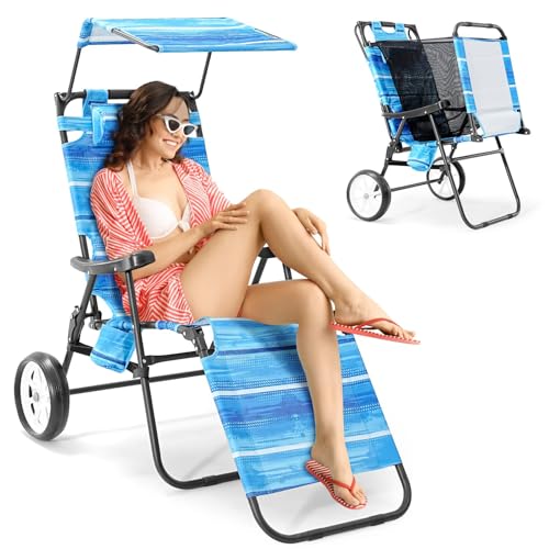 Slsy Beach Cart Chairs with Wheels, 2 in 1 Heavy Duty Beach Chair with Canopy Shade, Folding Lounge Chair with Integrated Wagon Pull Cart Combination, Perfect for Backyard, Pool or Picnic
