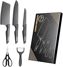 Hamsa 5Pieces Stainless Steel Professional Kitchen Knife Set Bread,Meat,Chopper,Chef Knife with Non-Slip Handle with Vegetable Peeler/Scissors, Paring Manual Sharpening for Home Kitchen (Black)