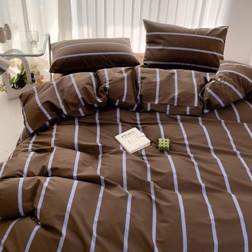 Image of Striped Duvet Cover Set King Size Brown Blue Stripes Comforter Cover Vintage Geometry Stripe Soft Breathable Microfiber Bedding Set for All Seasons with Zipper Closure and 2 Pillowcases