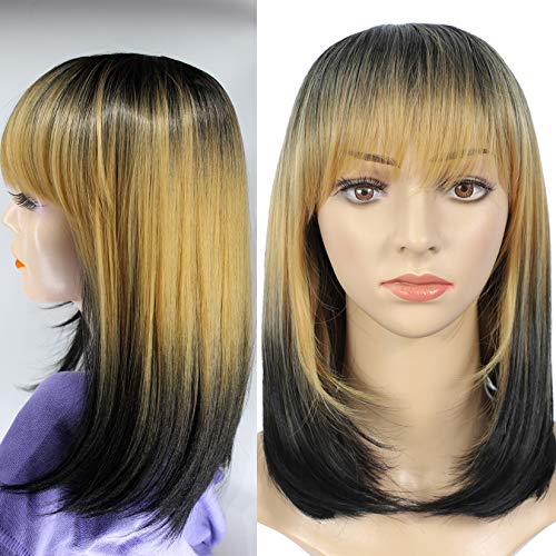 Short Bob Wigs, 3 Tone Straight Synthetic Wigs with Bangs, 3 Colors Ombre Bob Wig 15 Cosplay Wig for Women Halloween Party Costume Wig Heat Resistant (15
