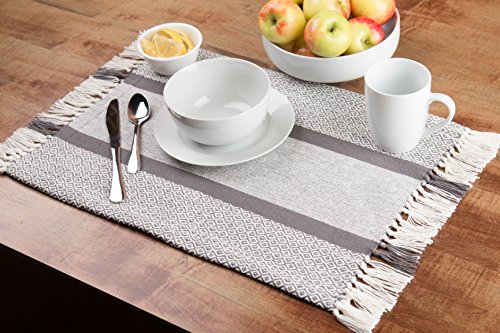 image for Sticky Toffee Cotton Woven Placemat Set with Fringe, Traditional Diamo