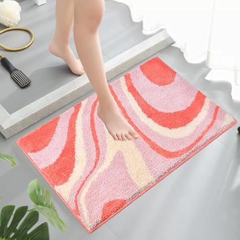 Pink Bathroom Rugs Mat 32×20, Plush Bath Rugs, Soft Water Absorbent Shaggy Bath Mat with Rubber Backing, Quick Dry Non-Slip Fluffy Bath Carpet for Bathroom Floor, Shower, Tub Cover