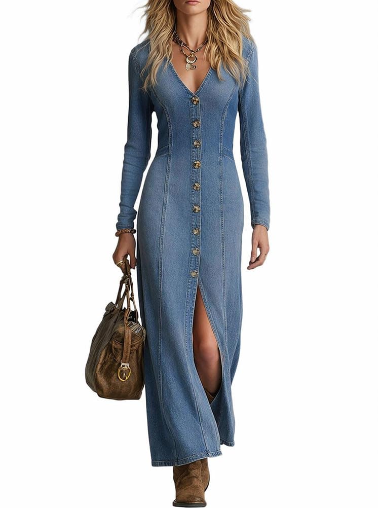 shownicer Jeanskleid Damen Sommer Lang Freizeitkleid Langarm Hohe Taille Jeans Kleid Elegant Maxikleid Mit Schlitz