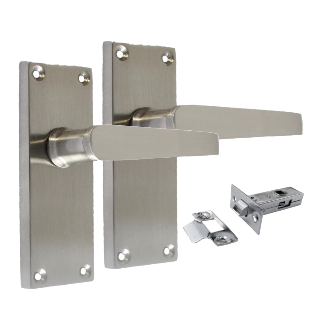 Epsom Door Handle Satin Nickel Straight Door Handle Set - Victorian Style Internal and External Lever Door Handles with Backplate 118mm x 42mm Sets (Pair of Latch Handles + Tubular Latch)