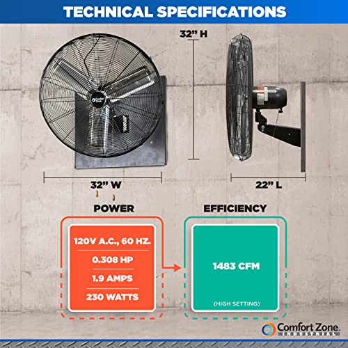 Comfort Zone Czhvw30Ex 30” 2-Speed Oscillating High Velocity Industrial Wall Fan, All-Metal Construction, Adjustable Tilt, Steel Mounting Bracket With Adjustable Angle, Aluminum Blades, Black #TOP5