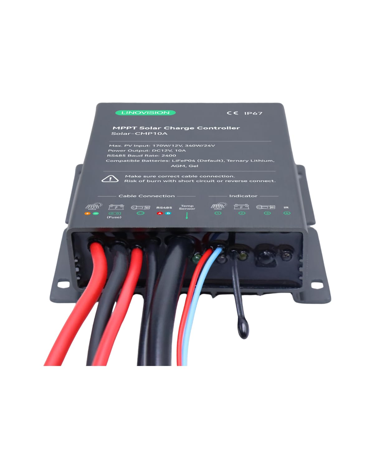 LINOVISION MPPT 12V/24V 10A Contrôleur de charge solaire avec télécommande RS485 et accès au cloud pour le système de caméra alimenté par l'énergie solaire, le lampadaire, la remorque solaire.