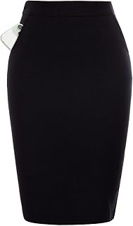 Womens Knee Length Elastic Waist Basic Stretchy Bodycon Business Pencil ...