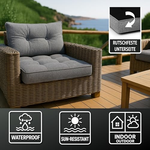 Amazinggirl Cojín Lounge Muebles Jardín - Juego: cojín 50x50 cm y Respaldo 40x50 cm Respaldo Rattan Ideal para balcón terraza salón Exterior Confort Acolchado Grueso Duradero Gris - imagen 3
