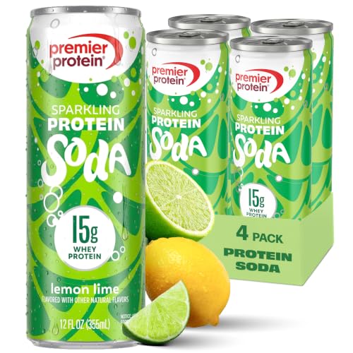 Image of Premier Protein Sparkling Protein Soda, Lemon Lime, 15g Whey, 4 Pack | Soft Drink with Benefits, 5 Ingredients, No Artificial Colors or Flavors, 3g Sugar, 12 oz