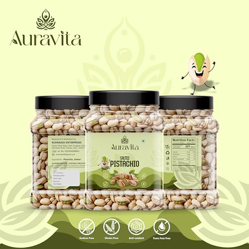 Image of Auravita Premium Roasted & Salted Pistachios 500gm | Crunchy & Flavorful Pista Dry Fruit | Resealable Jar | High in Protein & Fiber | Ideal for Snacking, Gifting