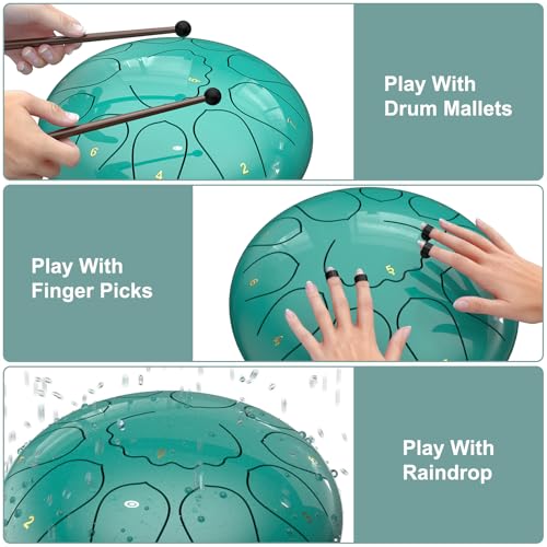 Image of Rain Drum for Outside Garden, 8 Inches 11 Notes Steel Tongue Drum, Waterproof Meditation Rain Chime, Musical Instruments for Adult Gift with Bag, Music Book, Mallets (Lake Blue)
