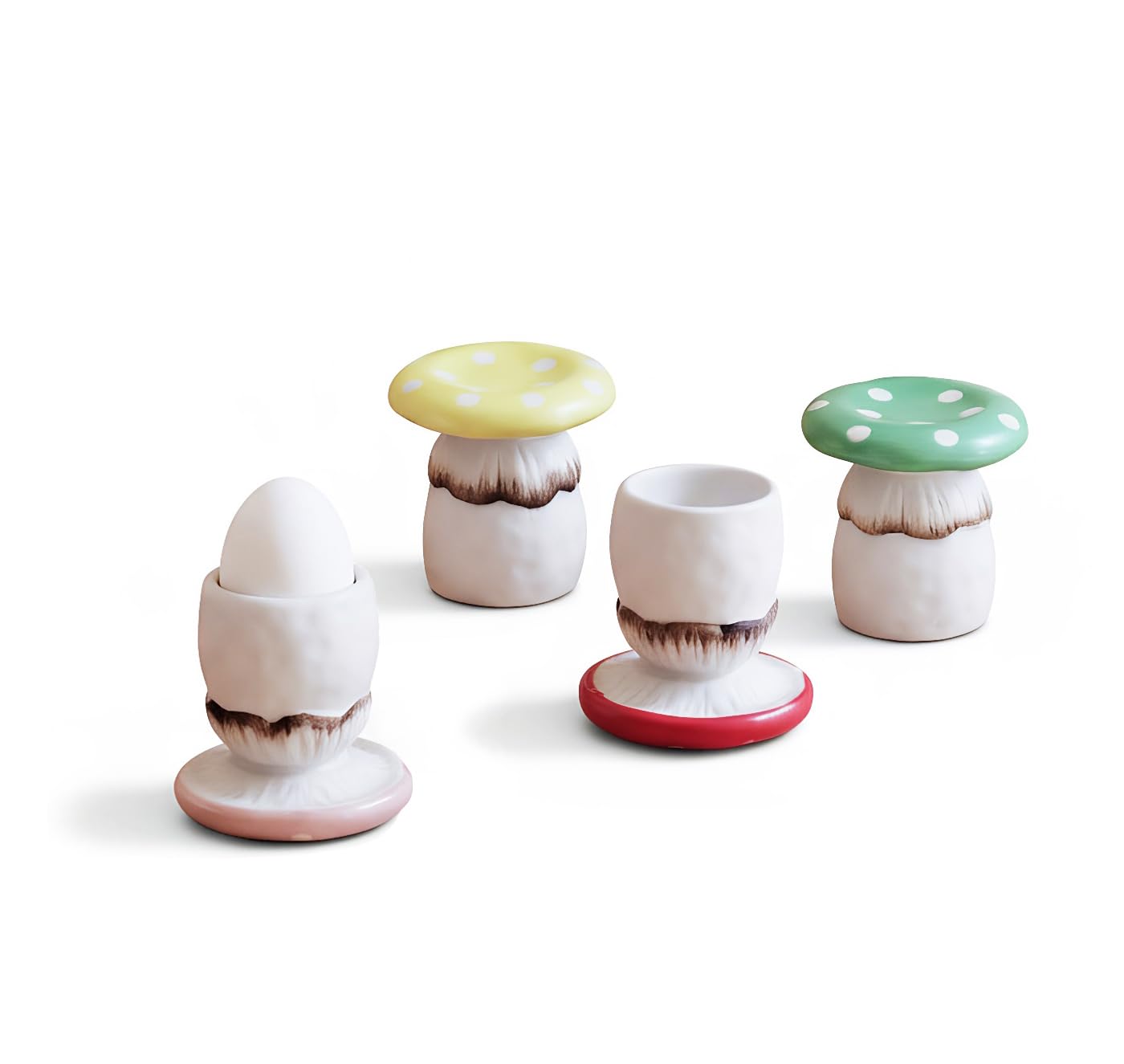 Cute Mushroom Egg Cups, Mini Cake Stand for Egg Tarts or Snacks. Set of 4, Handmade Glaze Ceramics Soft Boiled Egg Holder, Breakfast Kitchen Cooking. (Red)