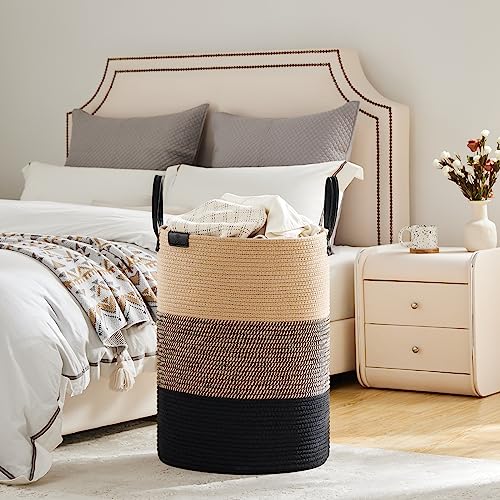 Image of VIPOSCO 100L Tall Woven Rope Laundry Hamper, Leather Handles, Brown & Black | Large Wicker Laundry Basket for Dirty Clothes, Blanket, Toy, Towel, Yoga Mat, Storage Bin in Bedroom, Bathroom, Living Room