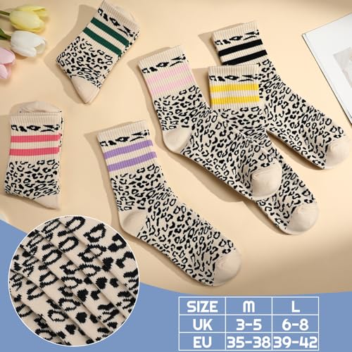 Utensilsto 6 Paare Tennissocken Damen Leoparden Sportsocken Leo Streifen Crew Socks Baumwolle Tennis Sport Socken für Damen Frauen, 39-42