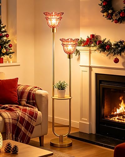 Image of Lightdot Flower Glass Floor Lamp with Table for Living Room 2-Lights Modern Gold Standing Tall Lamps with Pomegranate Red Glass Shade,LED Floor Lamp with Foot Switch for Bedroom (Bulbs Included)
