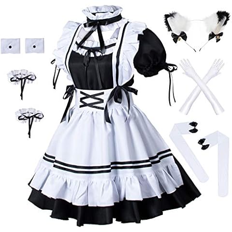 Wannsee Anime French Maid Apron Lolita Fancy Dress Cosplay Costume Furry Cat Ear Gloves Socks Set(M) Black-White Cover