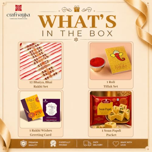 Image of Soanpapdi Sweets Rakhi Combo Gift, Set of 12 Rudraksh Rakhi for Brother Bhabhi kids with Soanpapdi Gift Hamper | Rakhi with Sweets for Brother Gift Pack