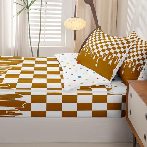 Image of Mustard Orange Checkered Zipper Bedding Full - 4 Piece Zip Up Comforter Set with Fitted Sheet & Pillowcases,Durable Bed-in-a-Bag Set Bedding for Kids,Checkerboard Drip Cool Aesthetic Funky Geometric
