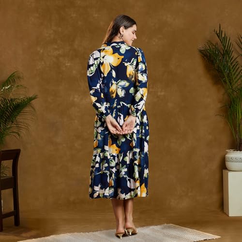 Image of MomToBe Women's Rayon Maternity Dress /Western Dress with Zippers for Nursing Pre and Post Pregnancy (Navy Blue ; Large)