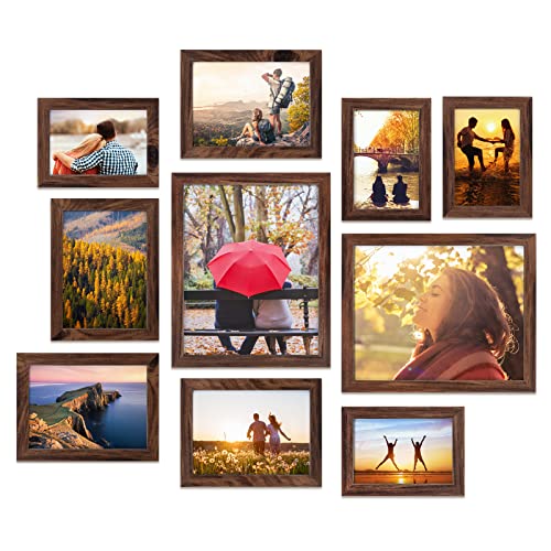 Giftgarden 10-Pack Brown Picture Frames for Multiple Sizes Photos, Four 4x6, Four 5x7, Two 8x10, Multi Assorted Rustic Walnut-Color Frame Collage for Wall or Tabletop