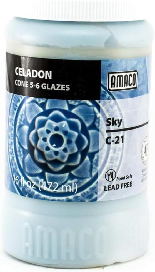 Celadon C-21 Sky Blue High Fire Transparent Gloss Glaze Pint, 16 oz. (473 mL), 100% Mixable Mid-High Fire Cone 5-6 (C) Liquid Ceramic Pottery Glaze for Bisque