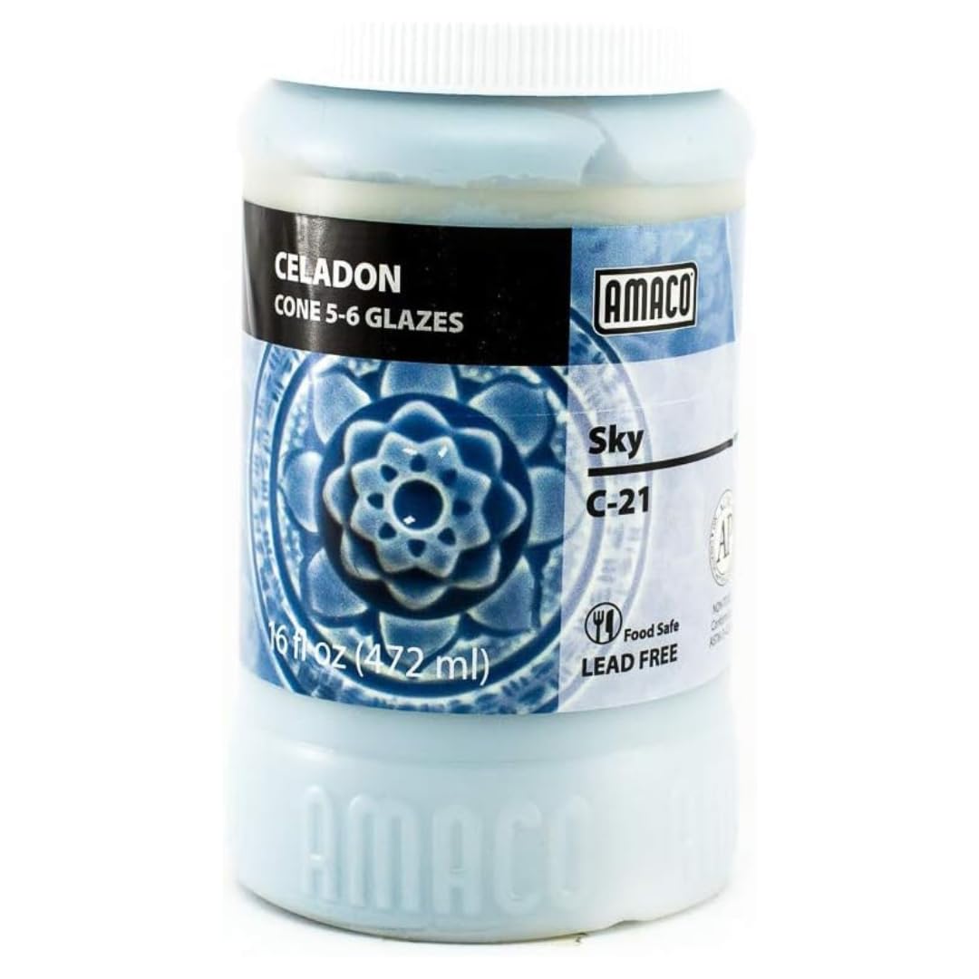 Celadon C-21 Sky Blue High Fire Transparent Gloss Glaze Pint, 16 oz. (473 mL), 100% Mixable Mid-High Fire Cone 5-6 (C) Liquid Ceramic Pottery Glaze for Bisque