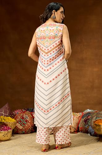 Image of Janasya Women's Cream Cotton Blend Floral Printed Straight Co-ord Set