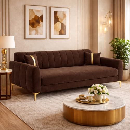 Image of Hermione Luxe Velvet-Suede Fabric 3 Seater Sofa | Comfortable Seating | Modern Sofa for Living Room - Dark Brown