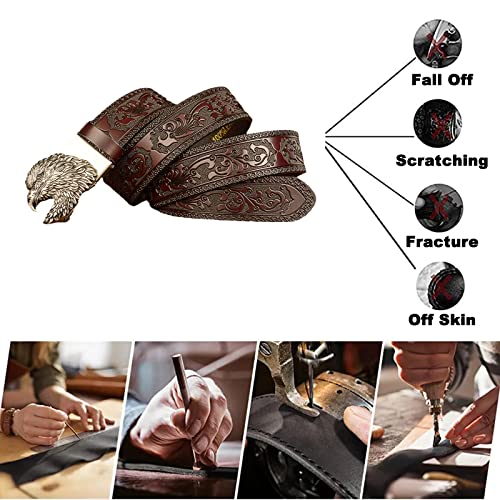 Mens Leather Ratchet Belts Western Floral Engraved Embossed Strap with Holeless Automatic Buckle Carved 3D Eagle Head(110cm/waist:36"~38", Brown)3