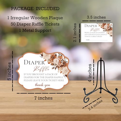 Image of Boho Baby Shower Diaper Raffle Wooden Sign Set, Bohemia Floral Wooden Sign With Self-Stand Support & 50 Diaper Raffle Tickets For Baby Shower, Baby Announcement, Gender Reveal, Party Supplies - A02