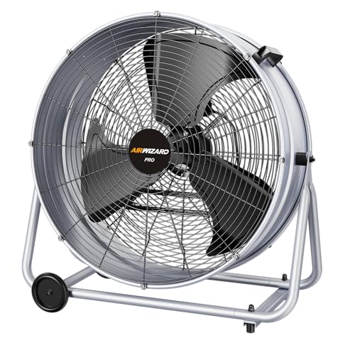 AIRWIZARD 24 inch Industrial Drum Fan, 300W High Velocity 10200CFM Heavy Duty Powerful Metal Floor Fan, 3 Speeds, Tiltable 360, for Garage, Barn, Factory, Warehouse, Workshop, UL Listed