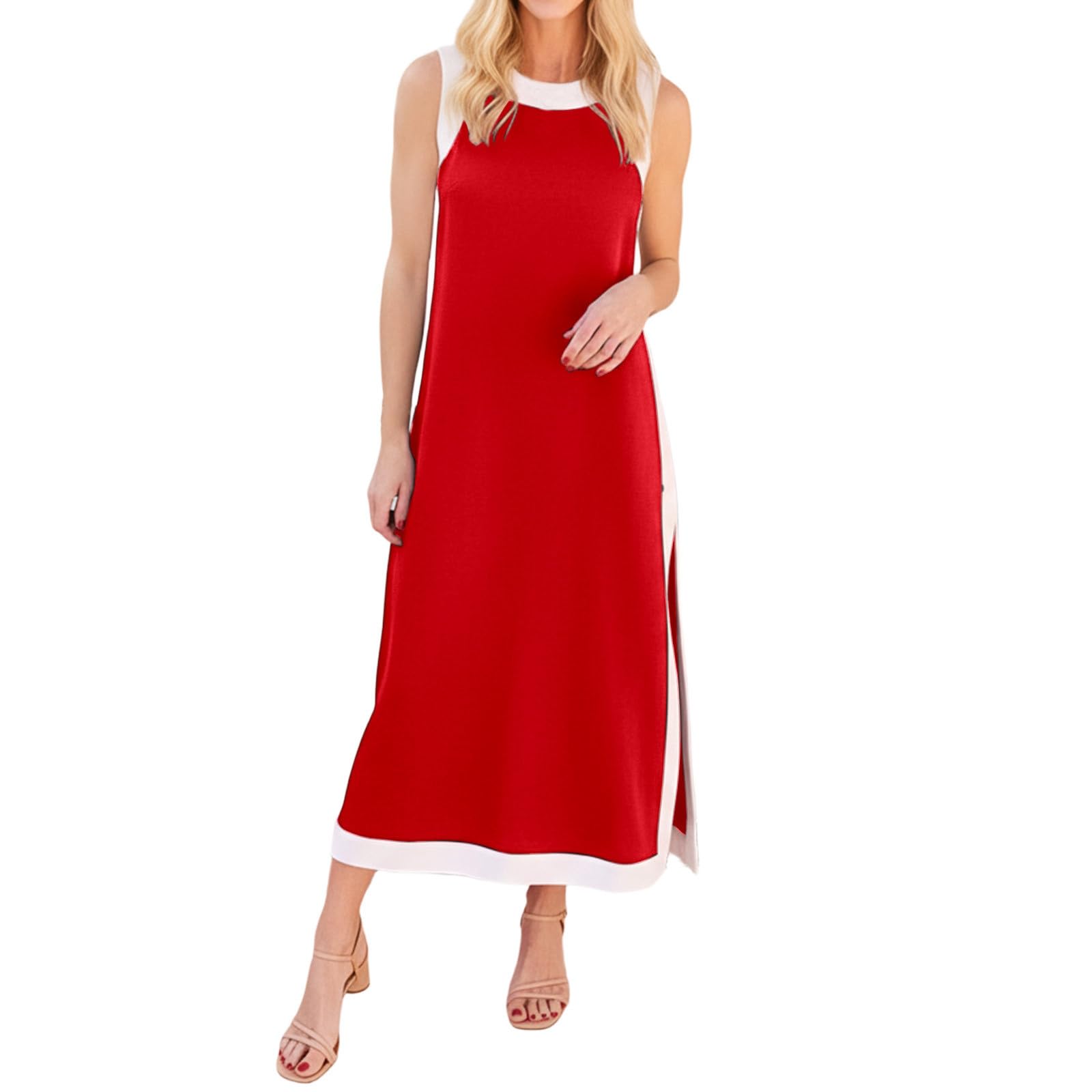 Generisch Combinaison d'été en lin pour femme, 2 pièces, col rond, débardeur et pantalon large avec poches, tenue de loisirs en coton, tenue respirante pour plage, voyage, bureau