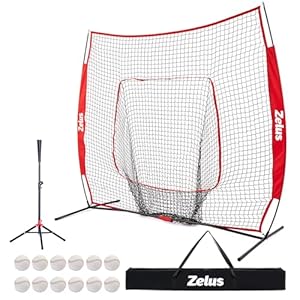ZELUS 7x7ft Baseball Net with Tee, 12 Baseballs and Carry Bag, Softball and Baseball for Batting Hitting and Pitching