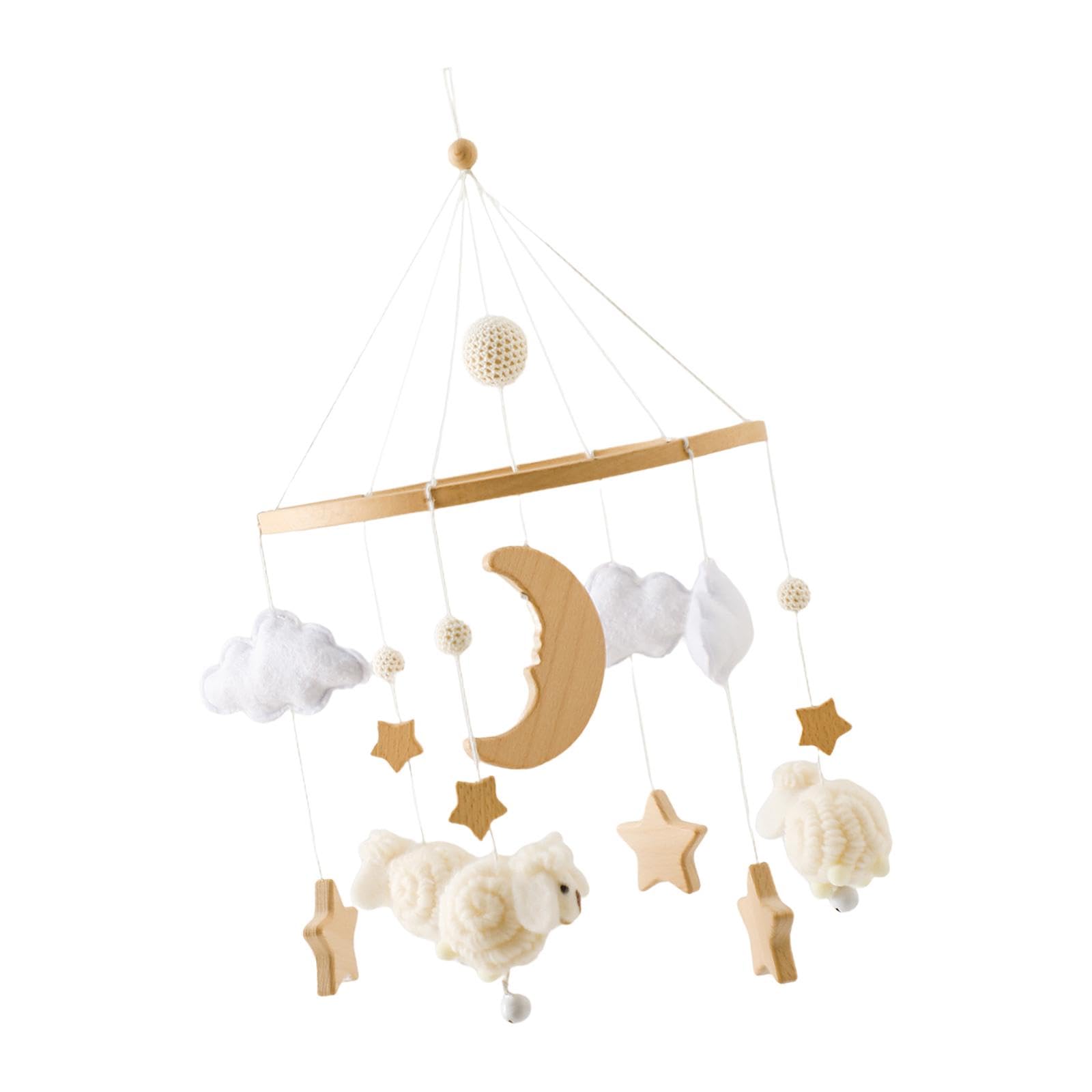 Mobile für Kinderbett mit Filzigen Hängenden Dekorationen Hölzerne Spieluhr mit Plüschpendel Und Windspiel Originelle Krippenmobile Zum Aufhängen, Beige