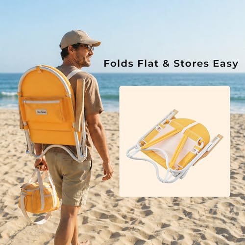 Image of Padded Low Beach Chair, 4-Position Folding Outdoor Chair with Wooden Armrests, Cushioned Seat, Storage Pouch & Carry Strap for Beach, Patio and Lawn, Harbour Mimosa