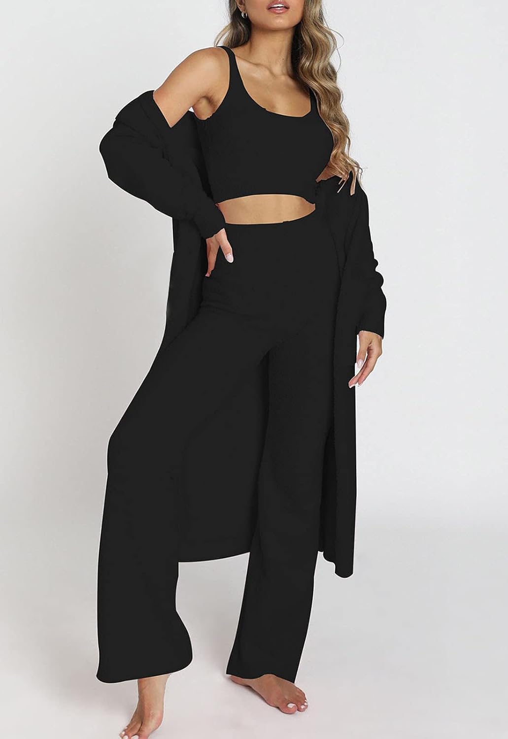 Fixmatti Women's Fuzzy 3 Piece Sweatsuit Open Front Cardigan Crop Tank Tops Wide Legs Pants Lounge Sets
