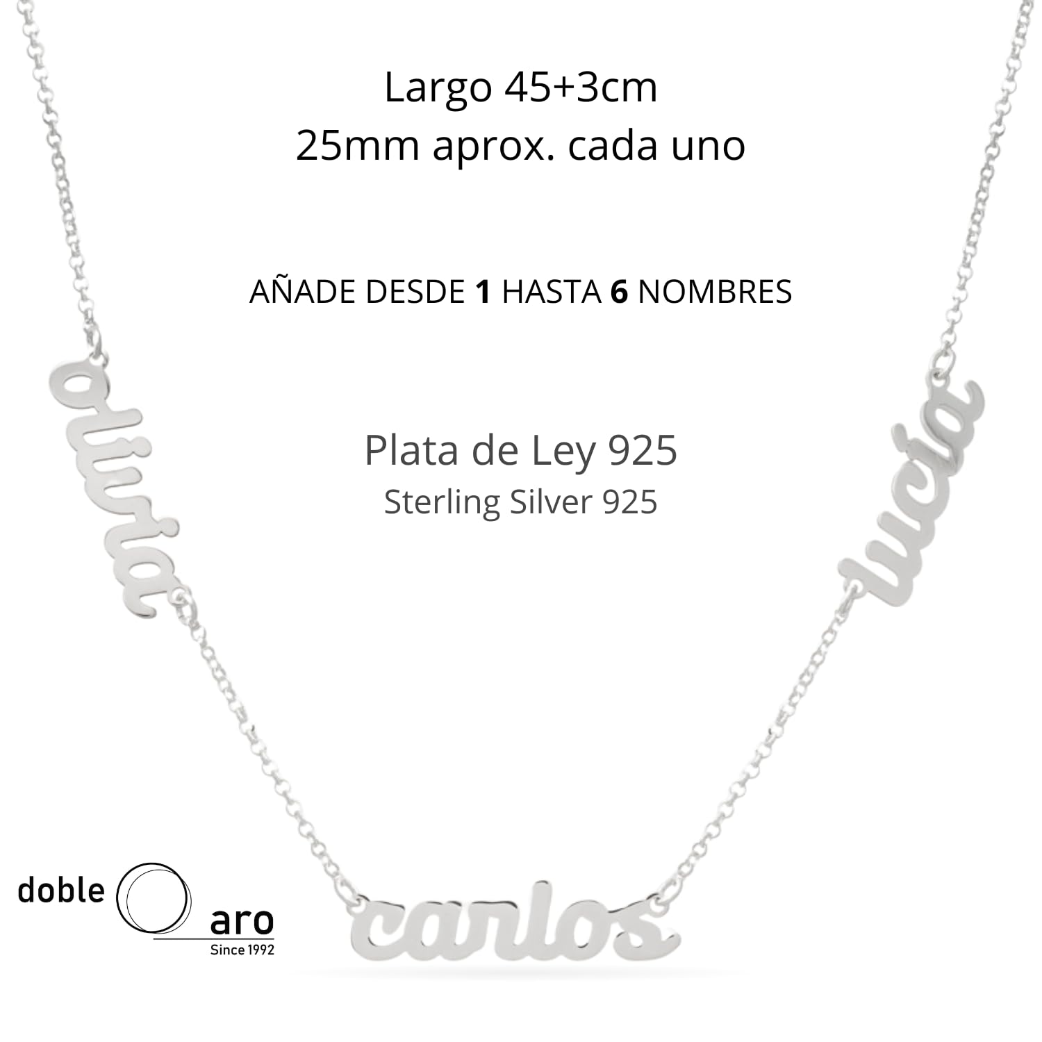 Colgante Personalizado con Nombre - Plata de Ley 925/1000 para Mujer – Collar Artesanal con Cadena Ajustable - Hecho en España (Modelo Hasta 6 nom., Plata de Ley)