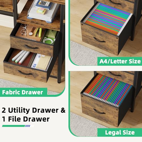 93'' Two Person Desk with Charging Station, Long Desk with 3 Fabric Drawers and Printer Shelf, Double Computer Desk, 2 Person Writing Study Table Workstation for Home Office, Rustic Brown