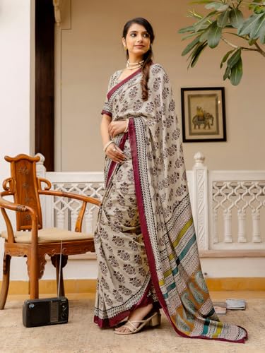 Image of SIRIL Women's Printed Ready to Wear Mul Cotton Saree With Unstitched Blouse Piece
