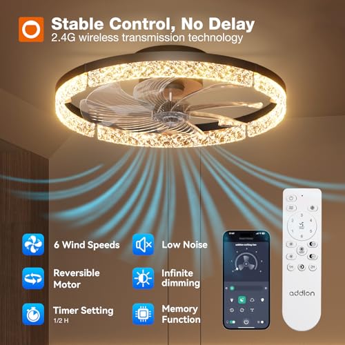 Image of addlon Ceiling Fans with Lights and Remote, 20'' Low Profile Flush Mount Ceiling Fan, 3000-6000K Dimmable LED Fandelier, Bladeless Crystal Fan Light for Bedroom, Kitchen, Living Room, Black